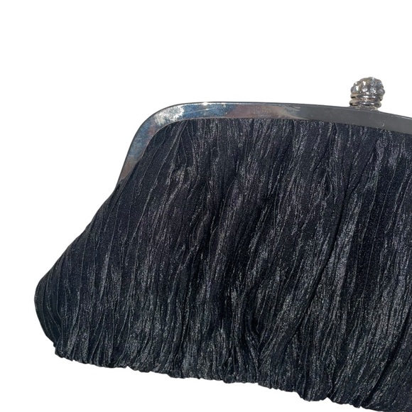 NEIMAN MARCUS Vintage Ruched Silk Black Clutch Bag Silver Frame with Crystals - Picture 14 of 15